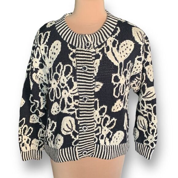 Vintage 90s Cardigan Sweater Round Neck Cropped Knit Black Dark Floral Oversized - Picture 12 of 12